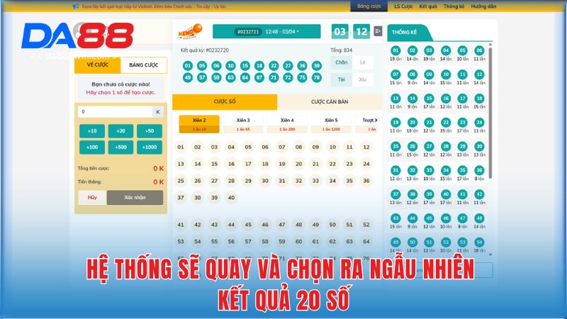 Hệ thống sẽ quay và chọn ra ngẫu nhiên kết quả 20 số