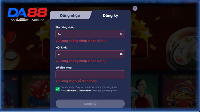 Lý do đăng ký Da88 bị lỗi